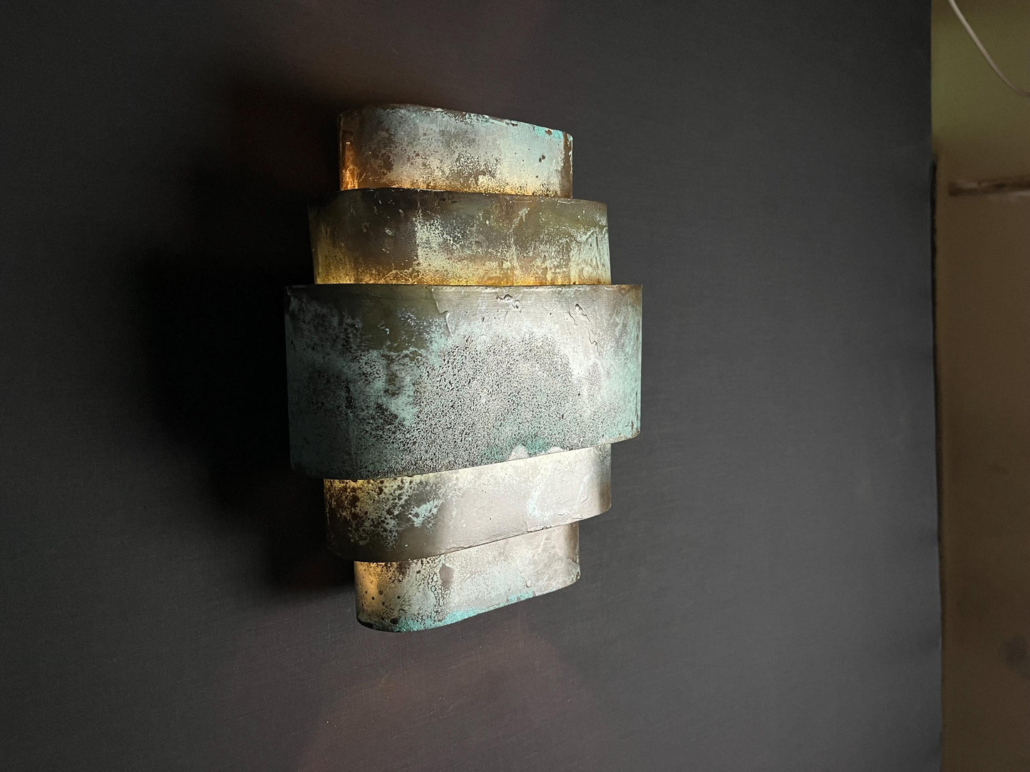 Geometric Patina Brass Wall Sconce: Handmade Turquoise Art Deco Light