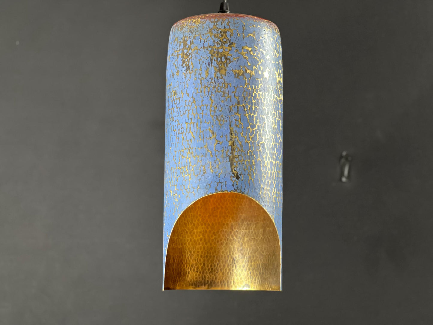 Blue Patina Brass Pendant Light: Handmade Copper Cylinder Lamp