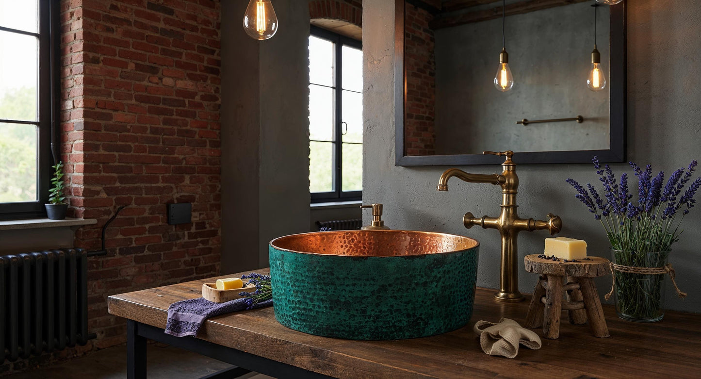 Handmade Copper Vessel Sink: Green Patina, Moroccan Farmhouse Basin