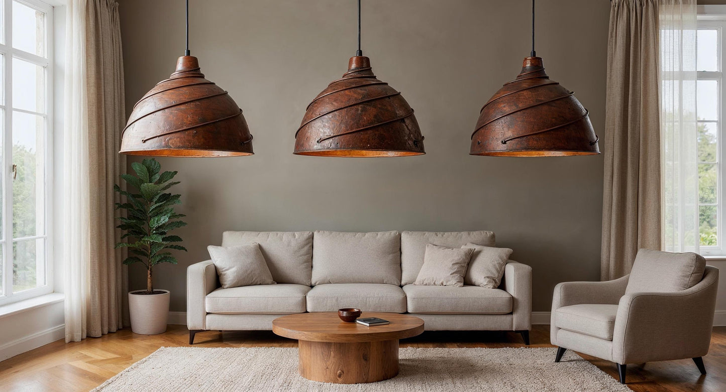 Handmade Copper Dome Pendant Light: Twisted Wire, Farmhouse Lighting