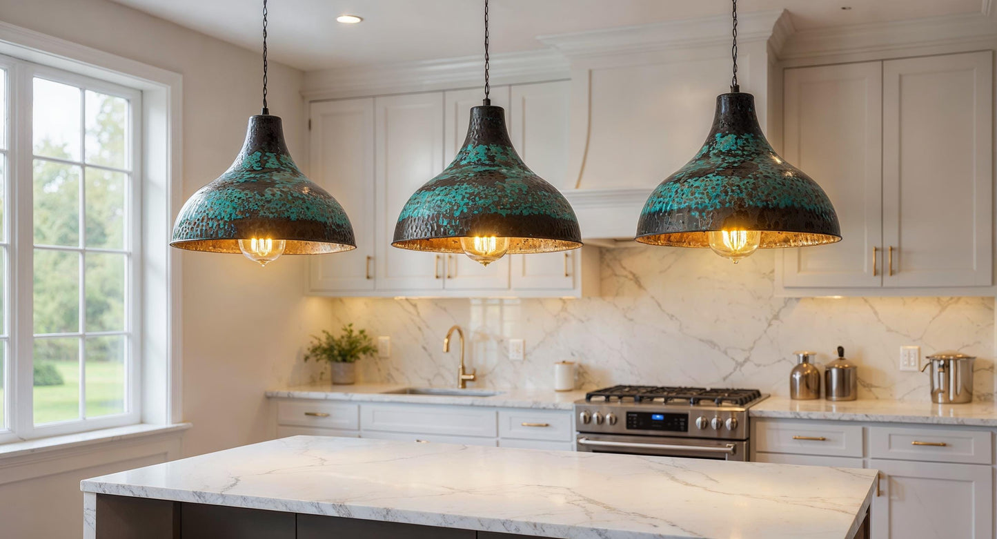 Hand Hammered Copper Pendant Light: Green Patina Farmhouse Dome