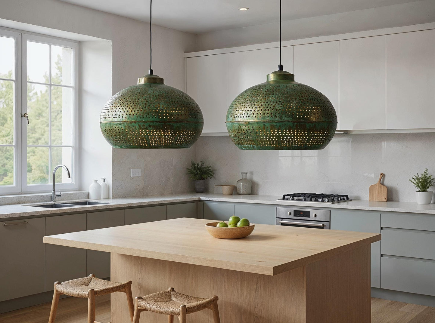 Handmade Green Patina brass Pendant Light: Modern Rustic Drum Lamp