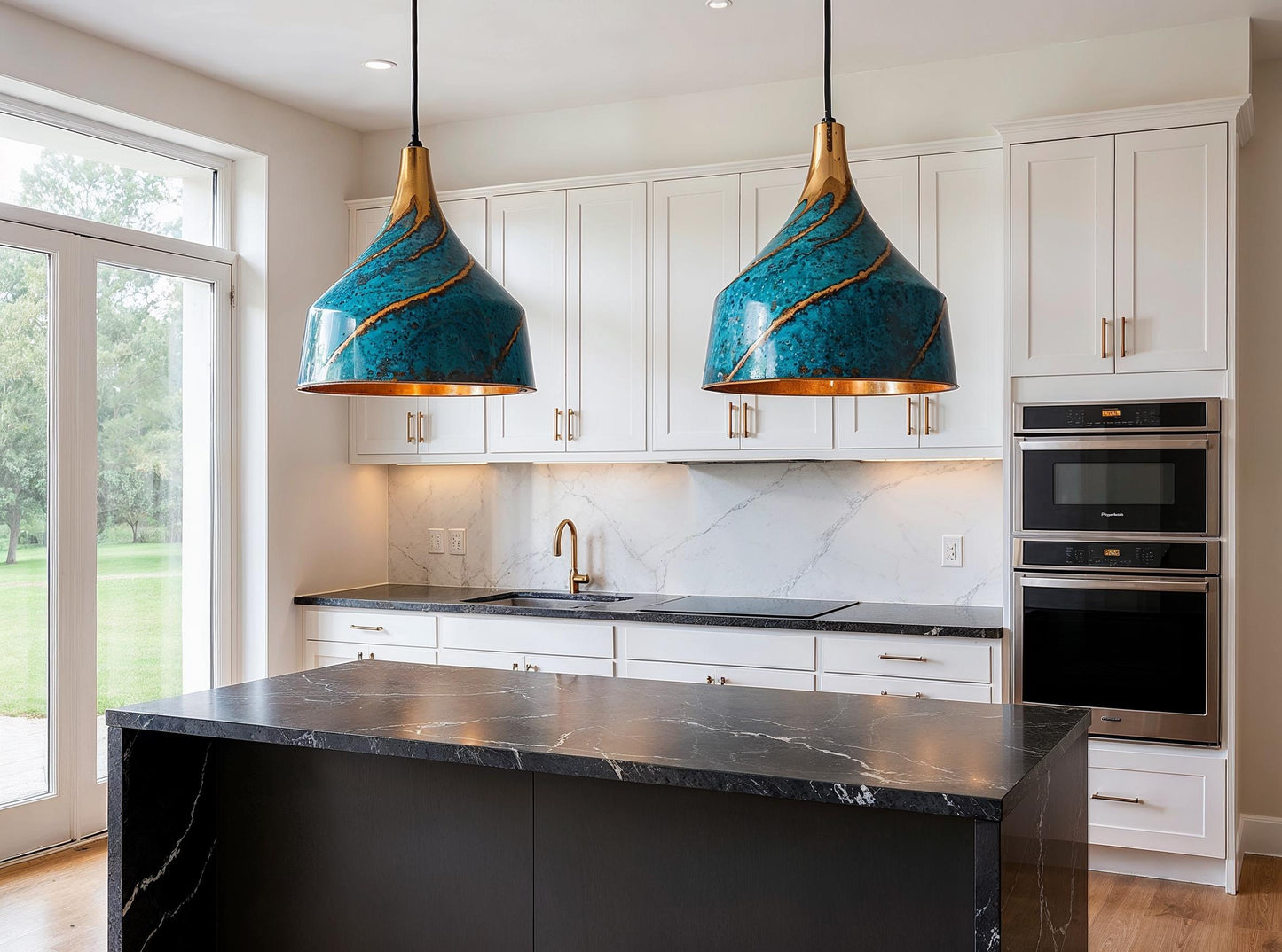 Handmade Blue Patina Brass Pendant Light - Moroccan Boho Lighting