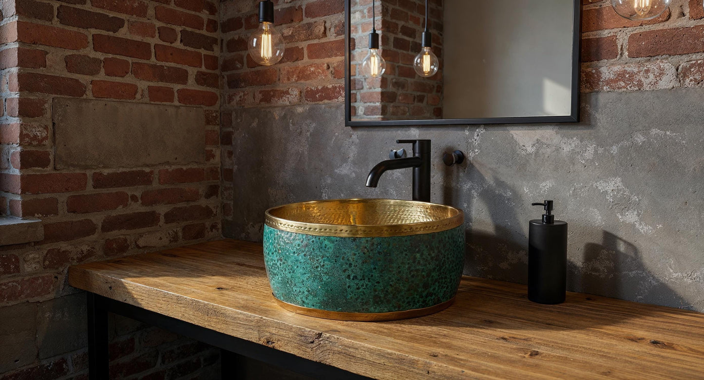 Hand Hammered Copper Vessel Sink: Rustic Green Patina, Moroccan Basin