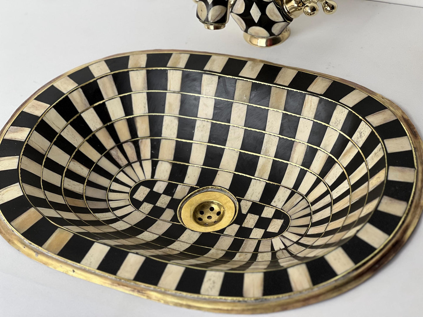 Handmade Black Resin Bathroom Sink: Moroccan Inlay Brass Faucet Set