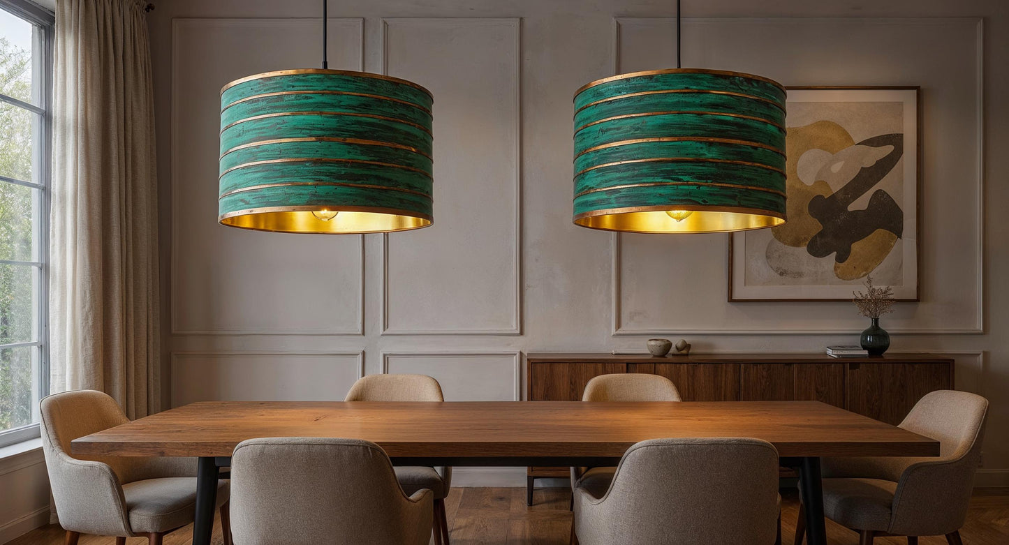 Handmade Green Patina Copper Pendant Light: Modern Rustic Drum Lamp