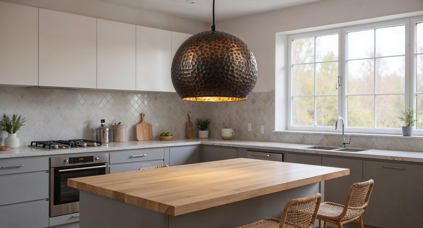 Handmade Hammered Copper Pendant Light: Black Dome, Moroccan Style