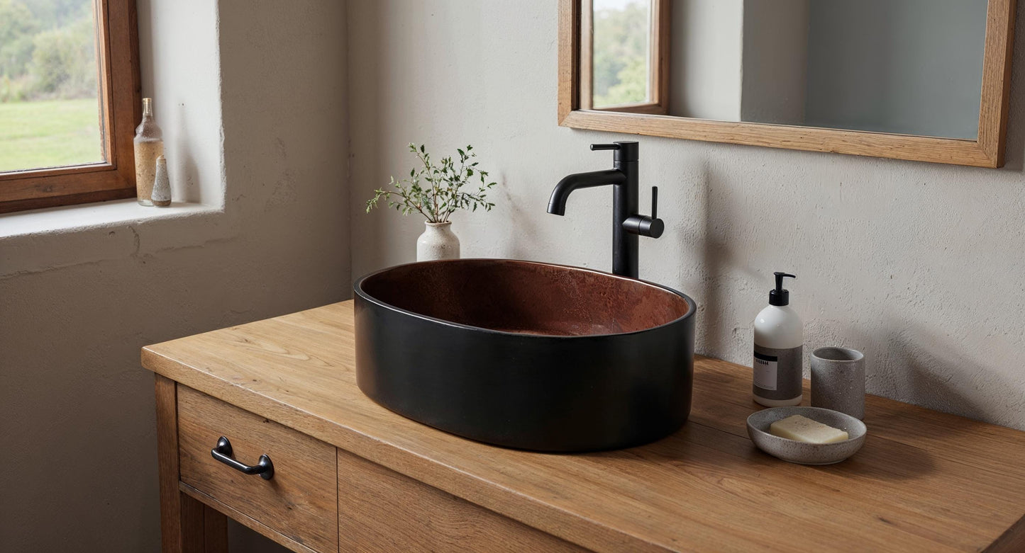 Modern Black & Copper Oval Vessel Sink – Handmade Bathroom Vanity Basin, Contemporary Farmhouse Wash Bowl