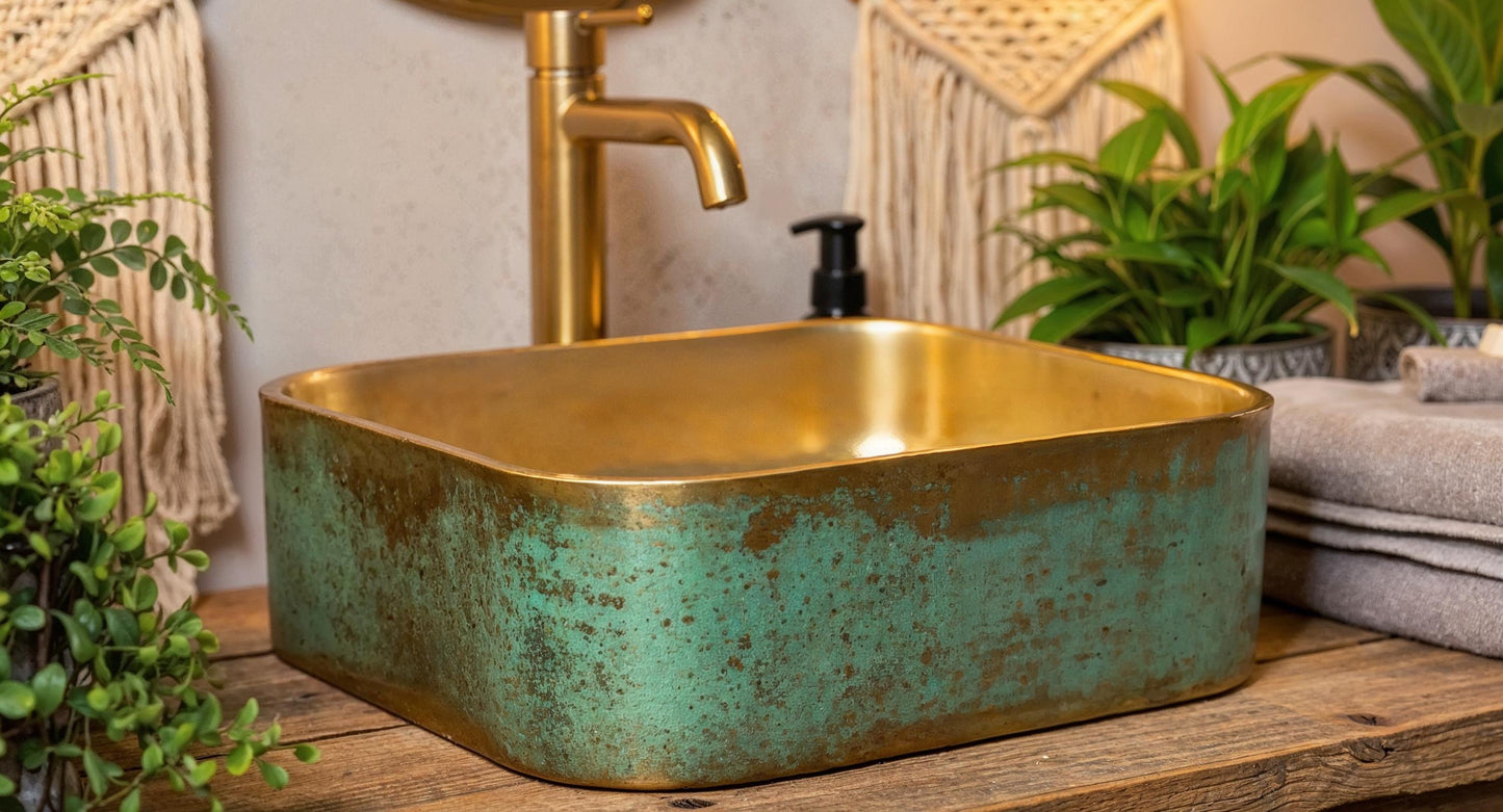 Handmade Green Patina & Gold Vessel Sink – Moroccan Brass Bathroom Basin, Luxury Farmhouse Vanity Bowl