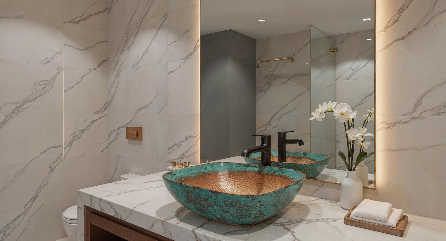 Handmade Green Patina Copper Vessel Sink – Moroccan Bathroom Basin, Rustic Farmhouse Vanity Bowl