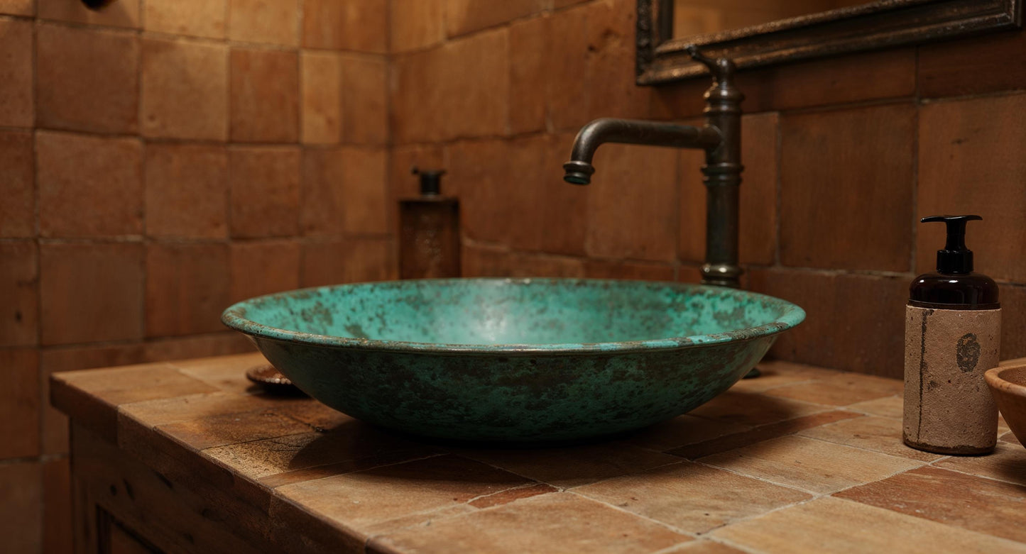 Handmade Green Patina Brass Vessel Sink – Rustic Moroccan Bathroom Basin, Round Vanity Bowl