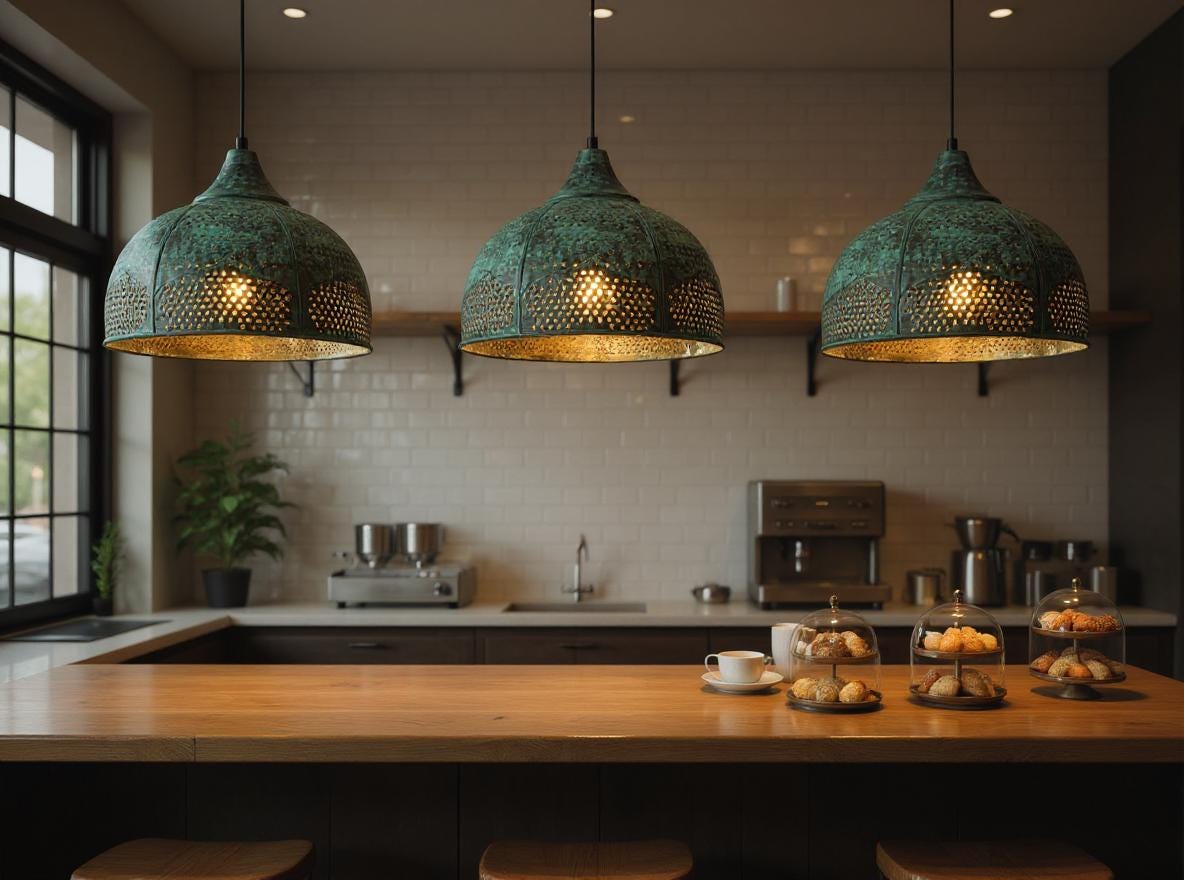 Handmade Moroccan Green Patina Brass Pendant Light - Pierced Dome