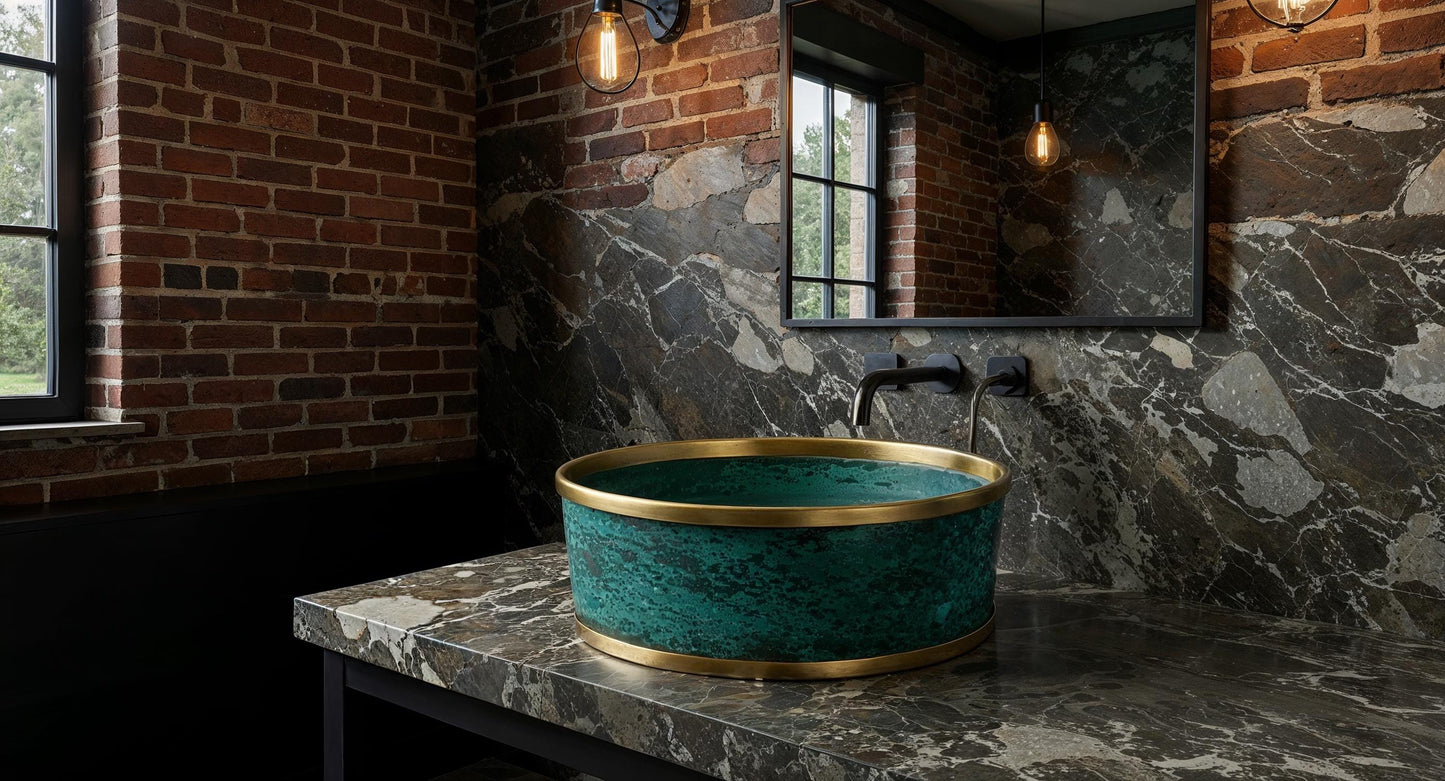 Handmade Moroccan Copper Vessel Sink: Green Patina Brass Bathroom Basin