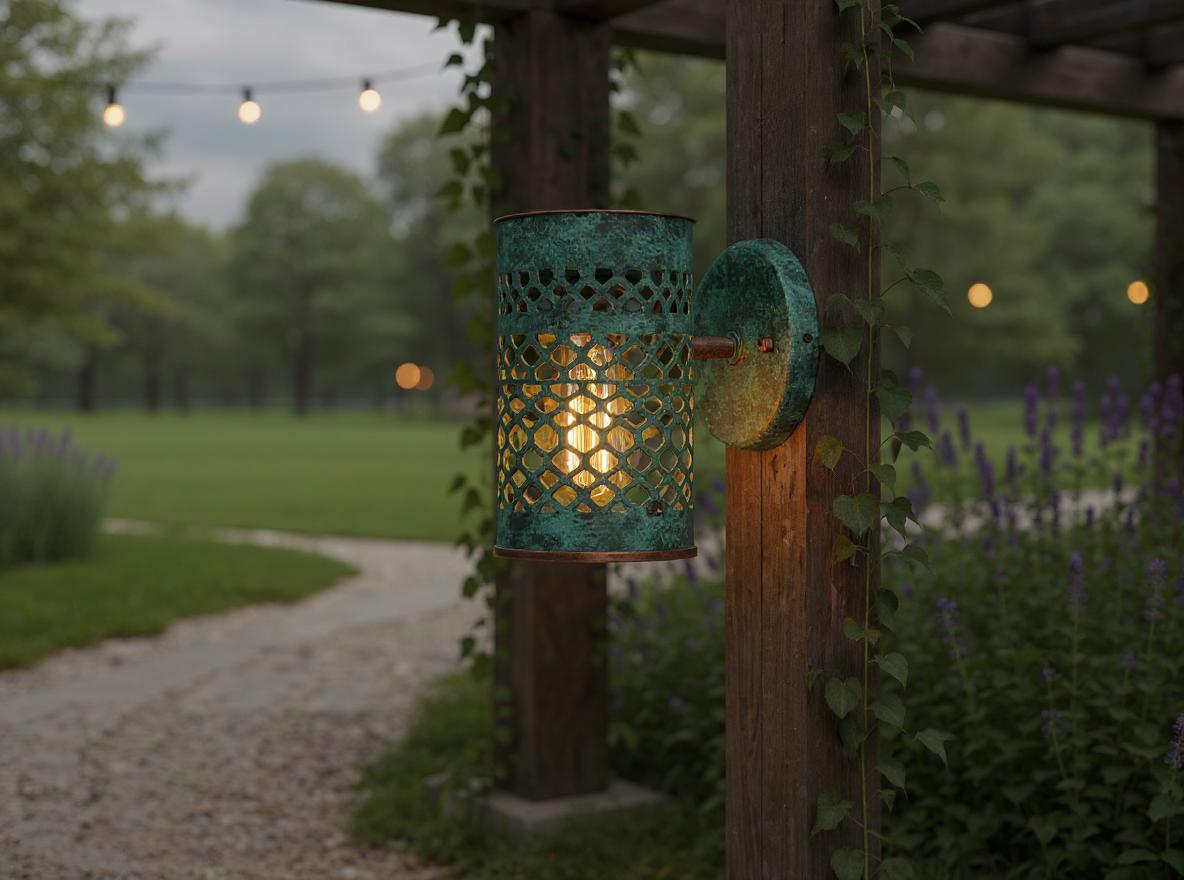 Moroccan Green Patina Brass Wall Sconce: Handmade Lattice Outdoor Light