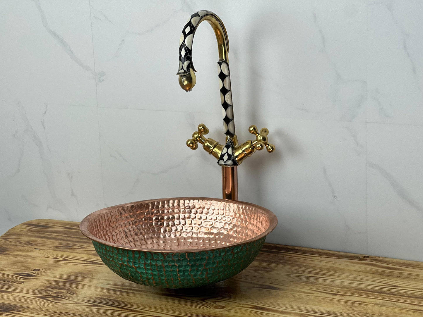 Handmade Hammered Copper Vessel Sink: Green Patina Moroccan Decor