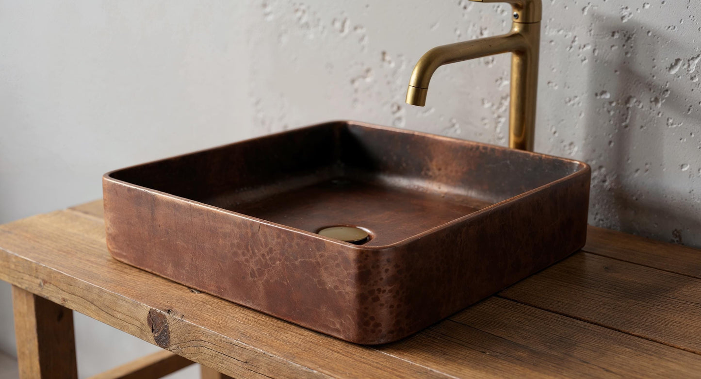 Handmade Hammered Copper Vessel Sink – Square Bathroom Basin, Farmhouse Vanity Bowl with Brass Drain