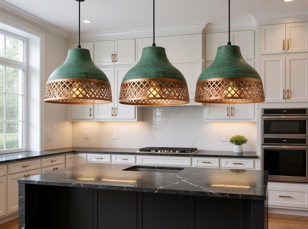 Handmade Moroccan Brass Pendant Light: Green Patina Lattice Dome