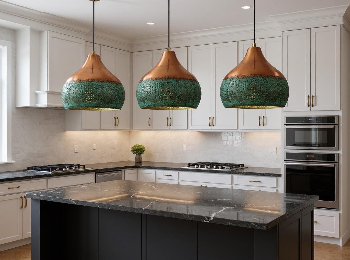 Handmade Copper Pendant Light – Green Patina Moroccan Dome Lamp