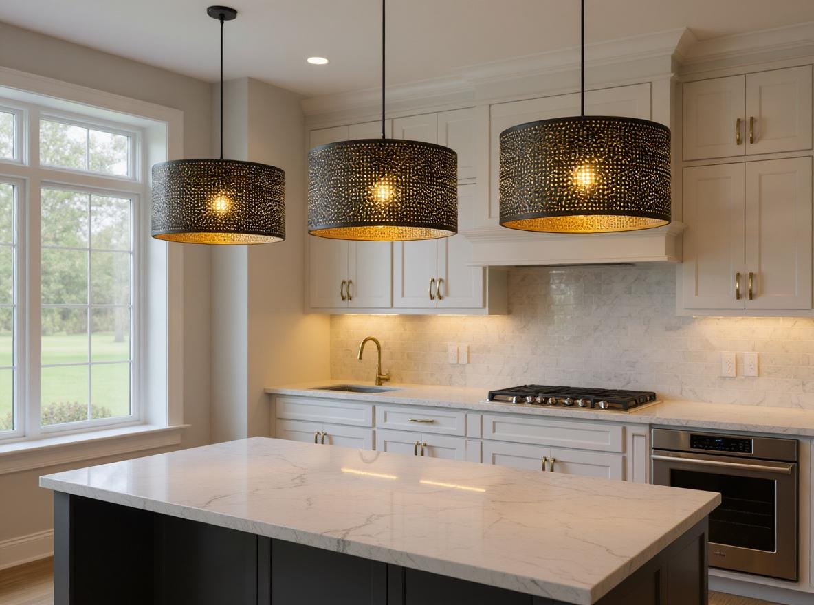 Handmade Moroccan Black Brass Pendant Lamp: Pierced Drum Shade