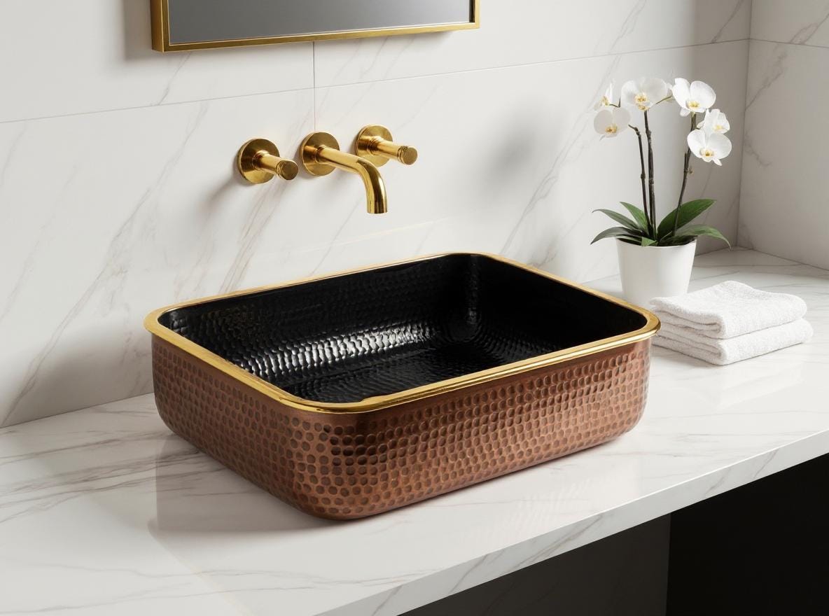Rectangular Hammered Copper Sink with Black Interior – Handmade Brass Rim Vessel Basin, Modern Moroccan Bathroom Vanity Sink