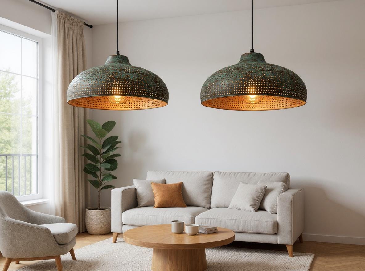 Handmade Green Patina Brass Pendant Light: Moroccan Boho Dome