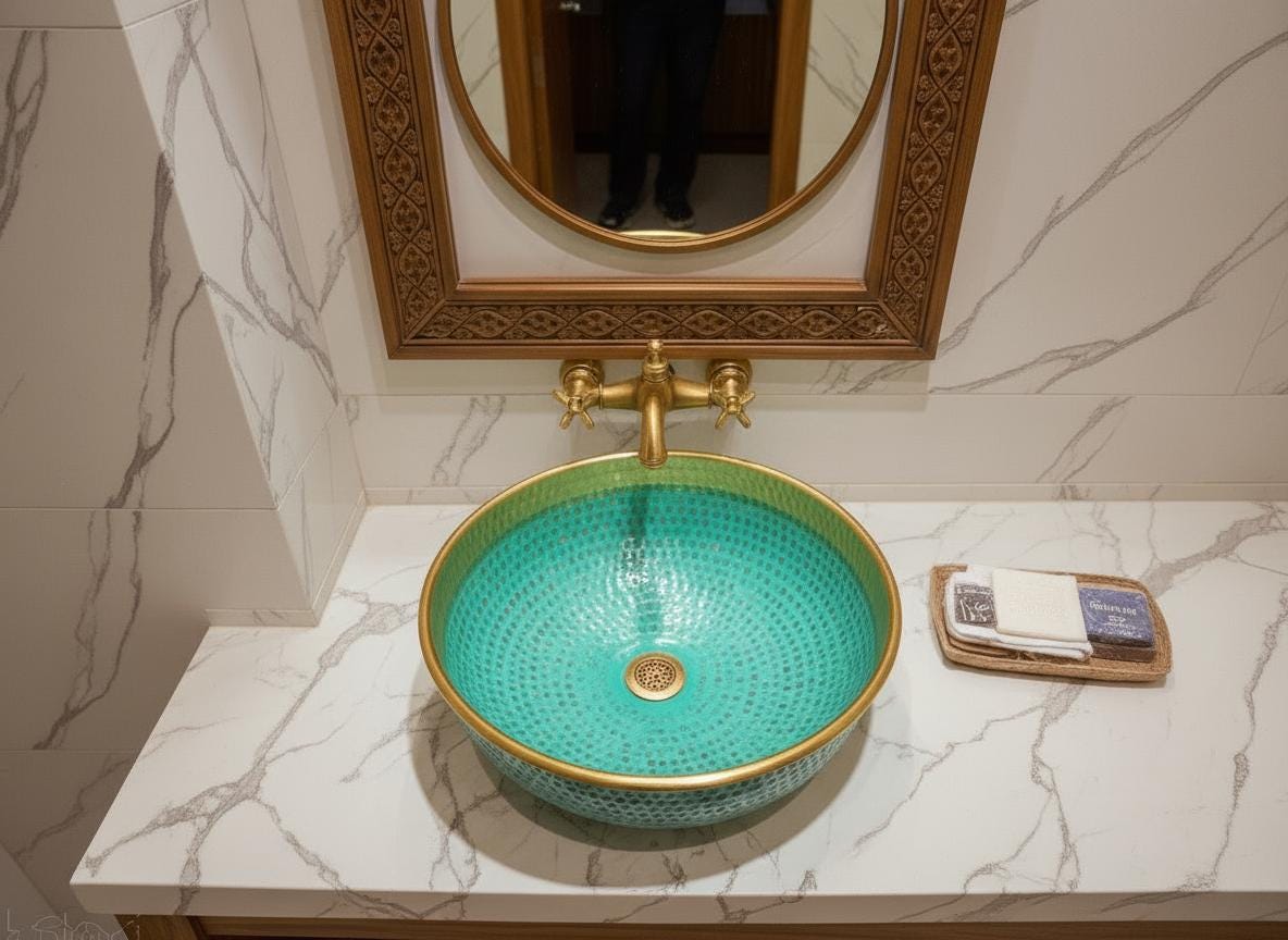 Handmade Green Patina Brass Sink β Moroccan Hammered Vessel Basin with Gold Rim | Round Bathroom Vanity Bowl | Artisanal Copper Sink