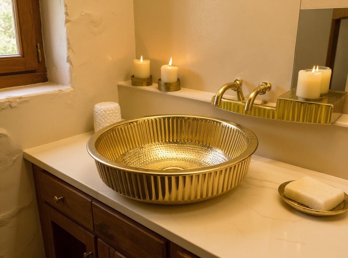 Handcrafted Polished Brass Vessel Sink, Modern Fluted Gold Bathroom Basin