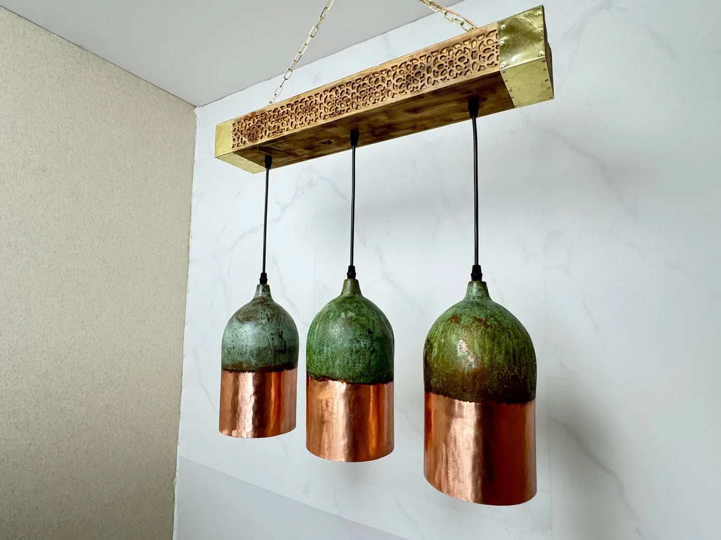Rustic Copper Pendant Light with Green Patina