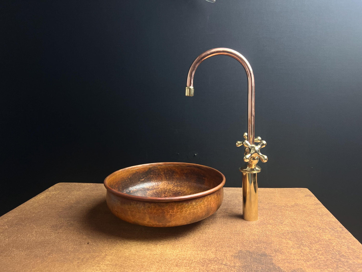 Handcrafted Copper Vessel Sink: Rustic Fire Patina Hammered Basin