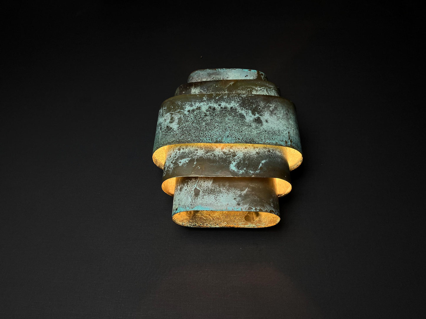 Geometric Patina Brass Wall Sconce: Handmade Turquoise Art Deco Light