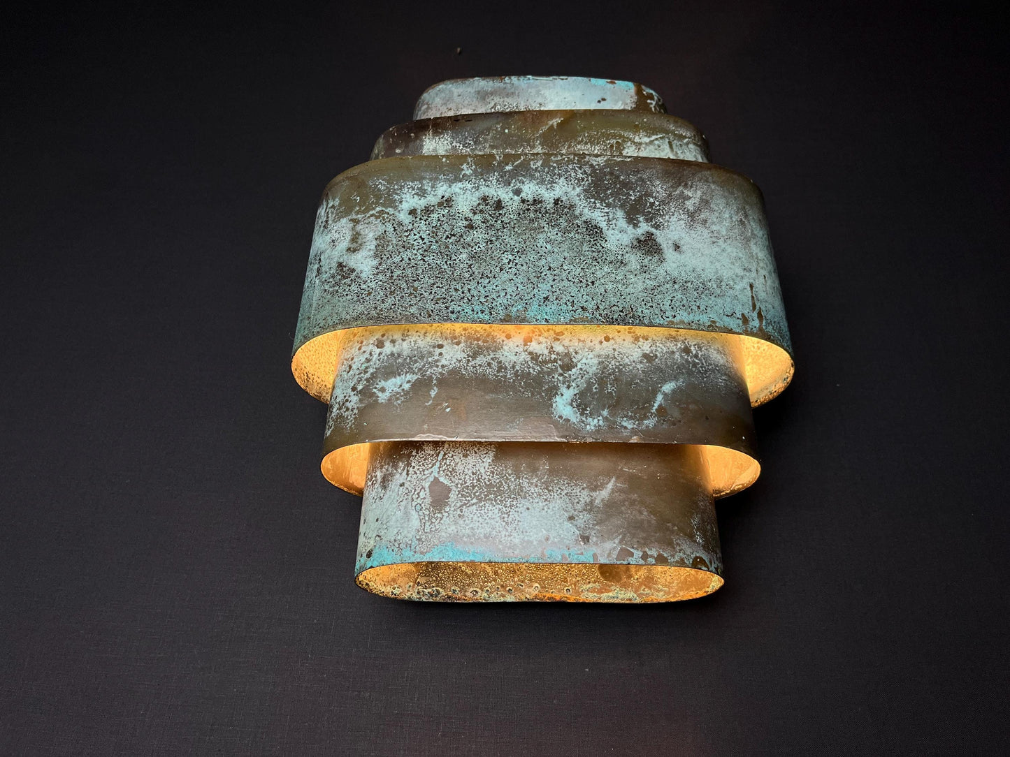 Geometric Patina Brass Wall Sconce: Handmade Turquoise Art Deco Light