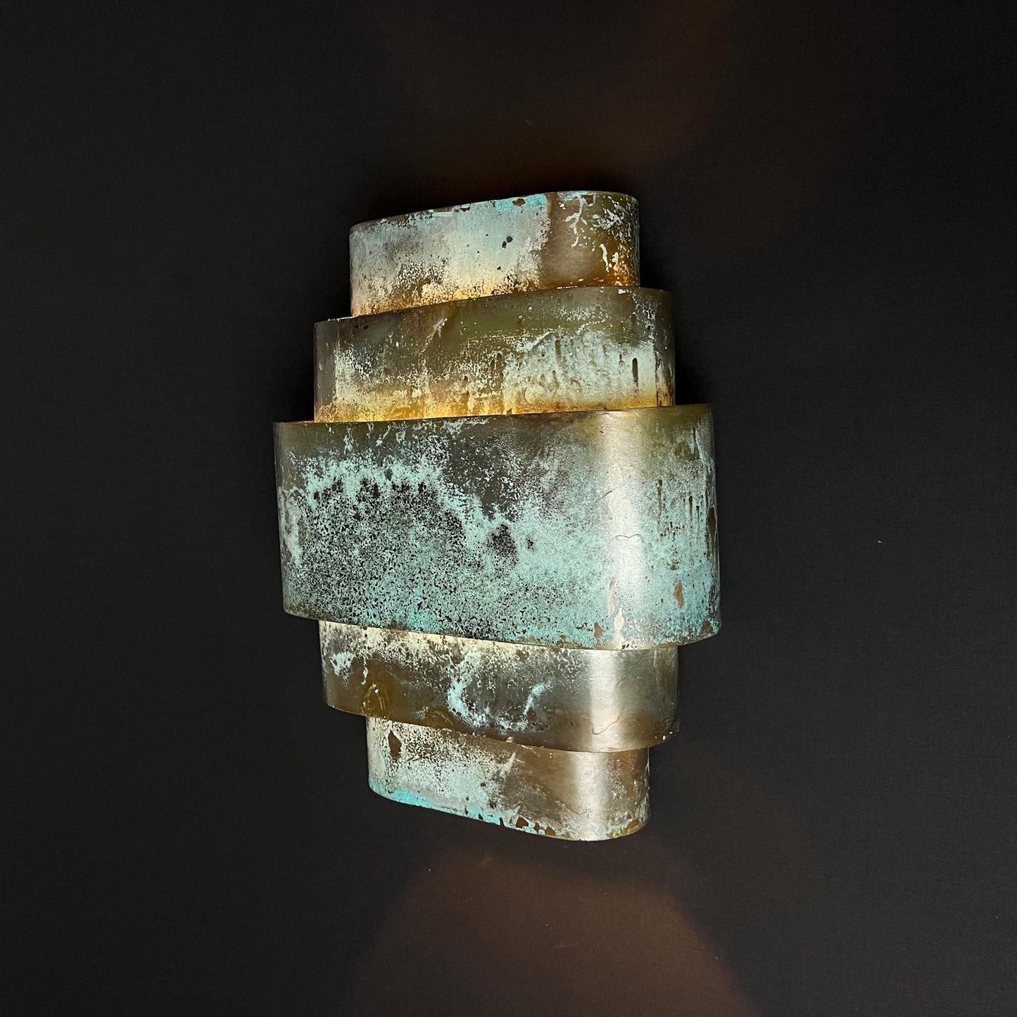 Geometric Patina Brass Wall Sconce: Handmade Turquoise Art Deco Light
