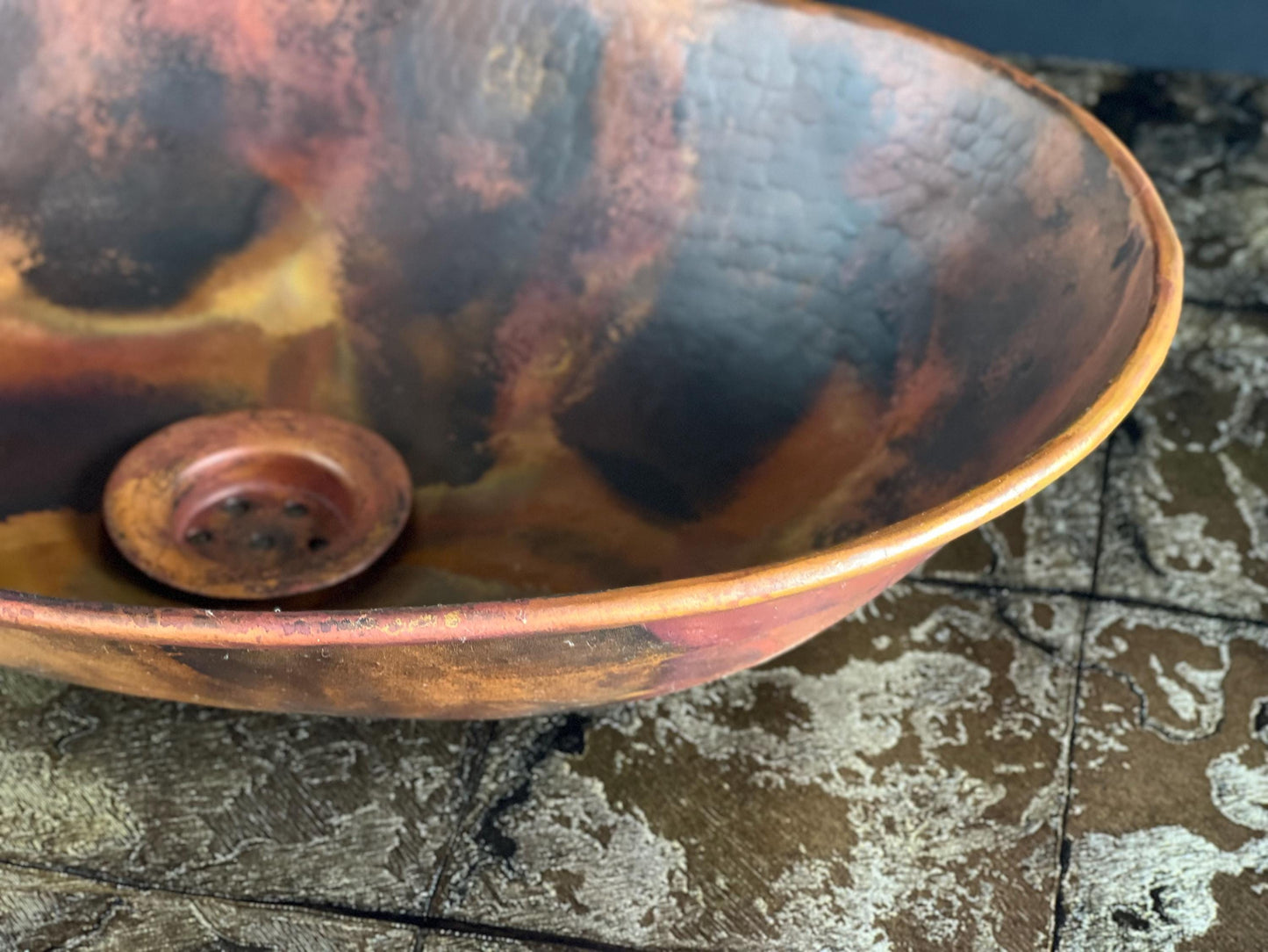 Handcrafted Copper Vessel Sink with Brass Faucet: Fire Patina Rustic Bathroom Set