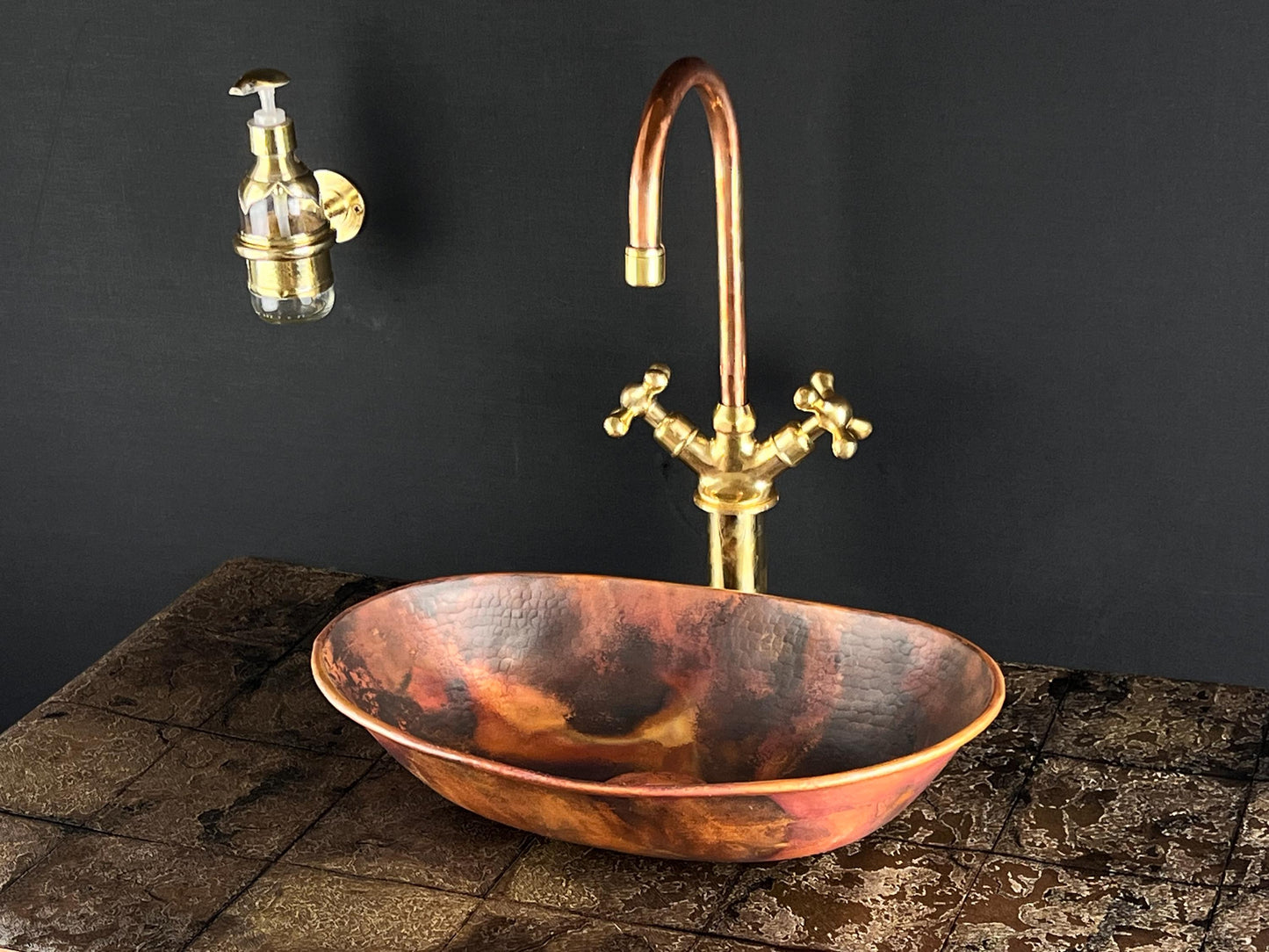 Handcrafted Copper Vessel Sink with Brass Faucet: Fire Patina Rustic Bathroom Set