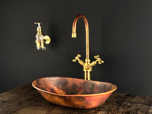 Handcrafted Copper Vessel Sink with Brass Faucet: Fire Patina Rustic Bathroom Set