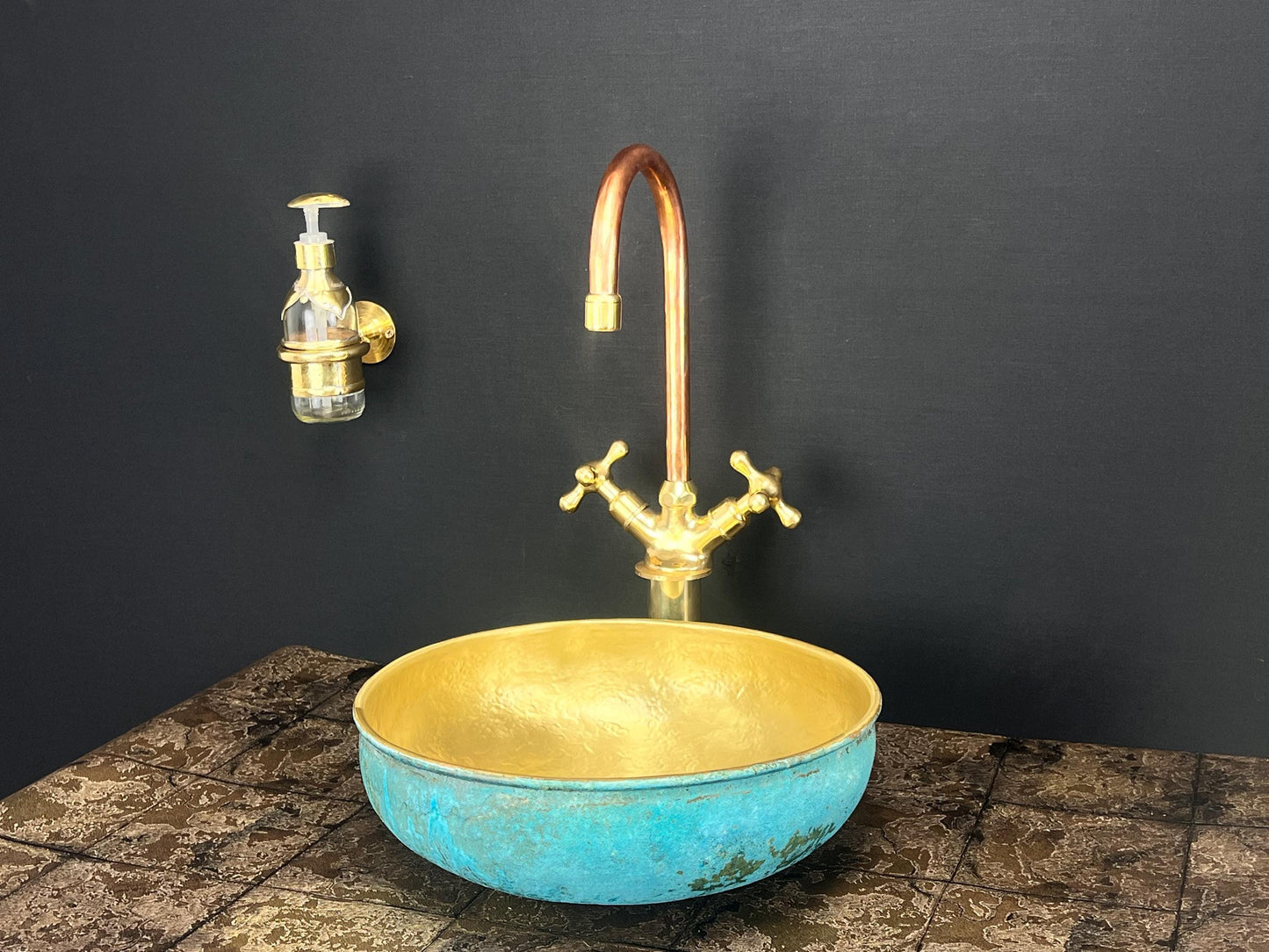 Handcrafted Brass Faucet & Turquoise Patina Vessel Sink: Moroccan Bathroom Set