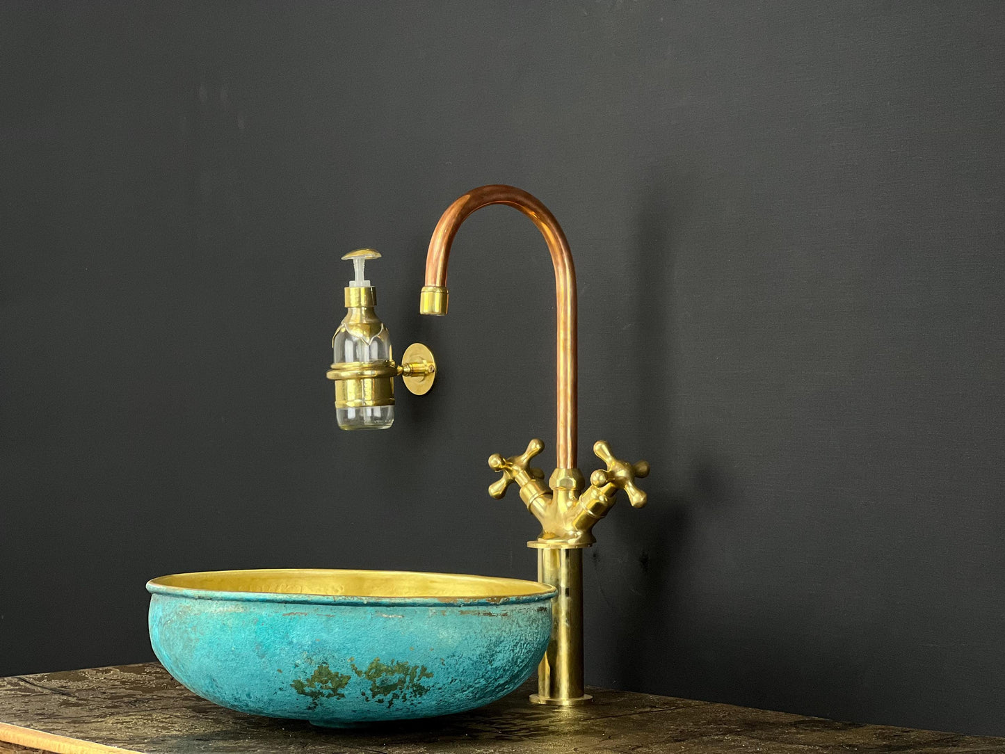 Handcrafted Brass Faucet & Turquoise Patina Vessel Sink: Moroccan Bathroom Set
