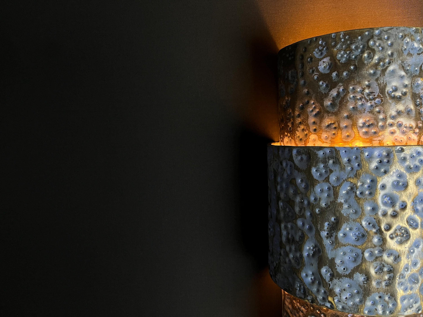 Blue Patina Brass Wall Sconce: Moroccan Hammered Cylinder Light