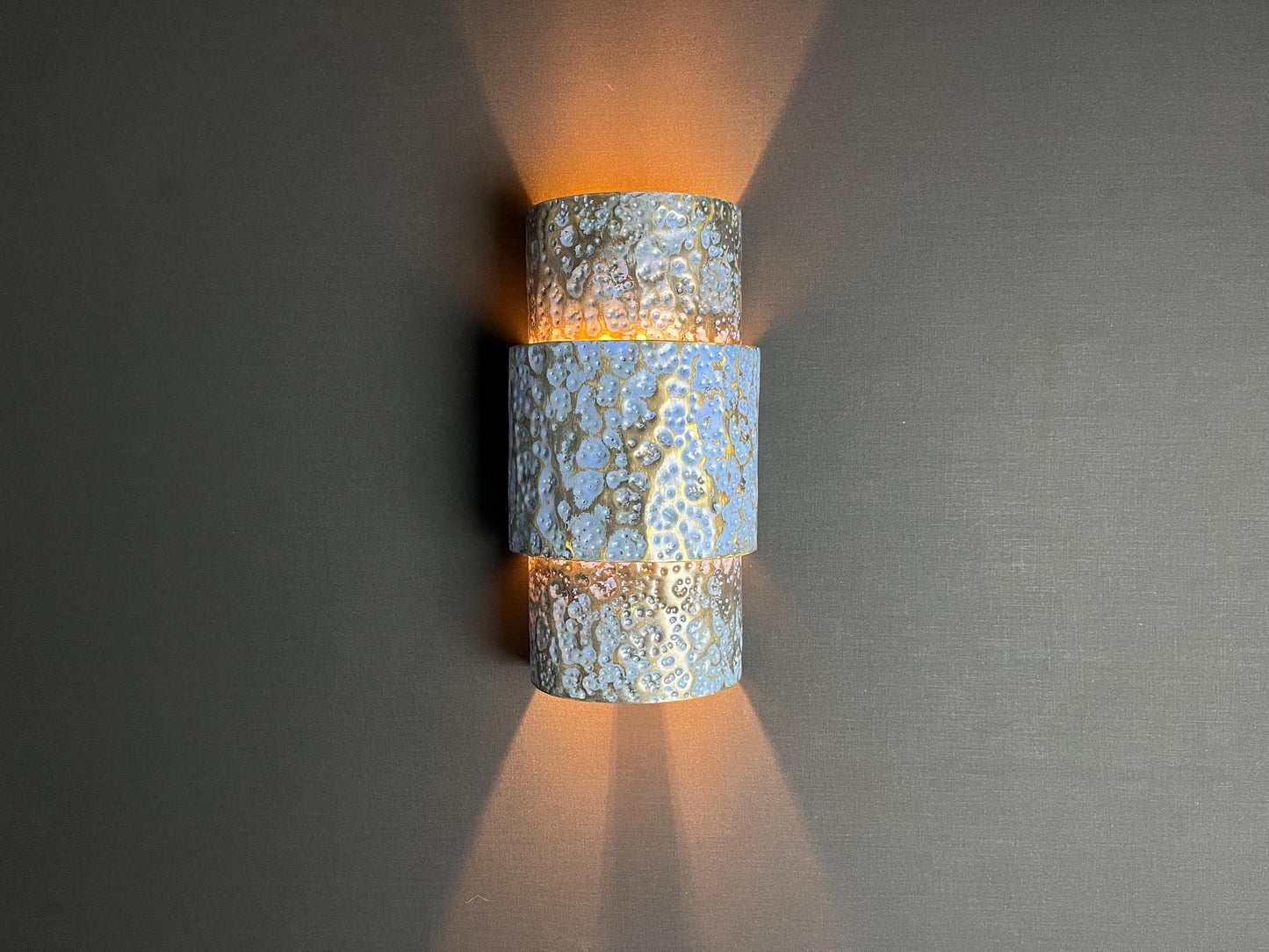 Blue Patina Brass Wall Sconce: Moroccan Hammered Cylinder Light