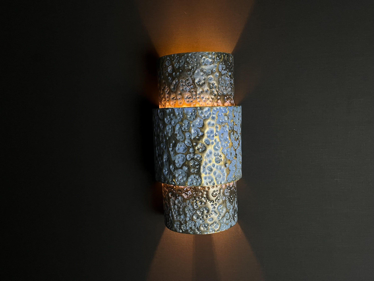Blue Patina Brass Wall Sconce: Moroccan Hammered Cylinder Light