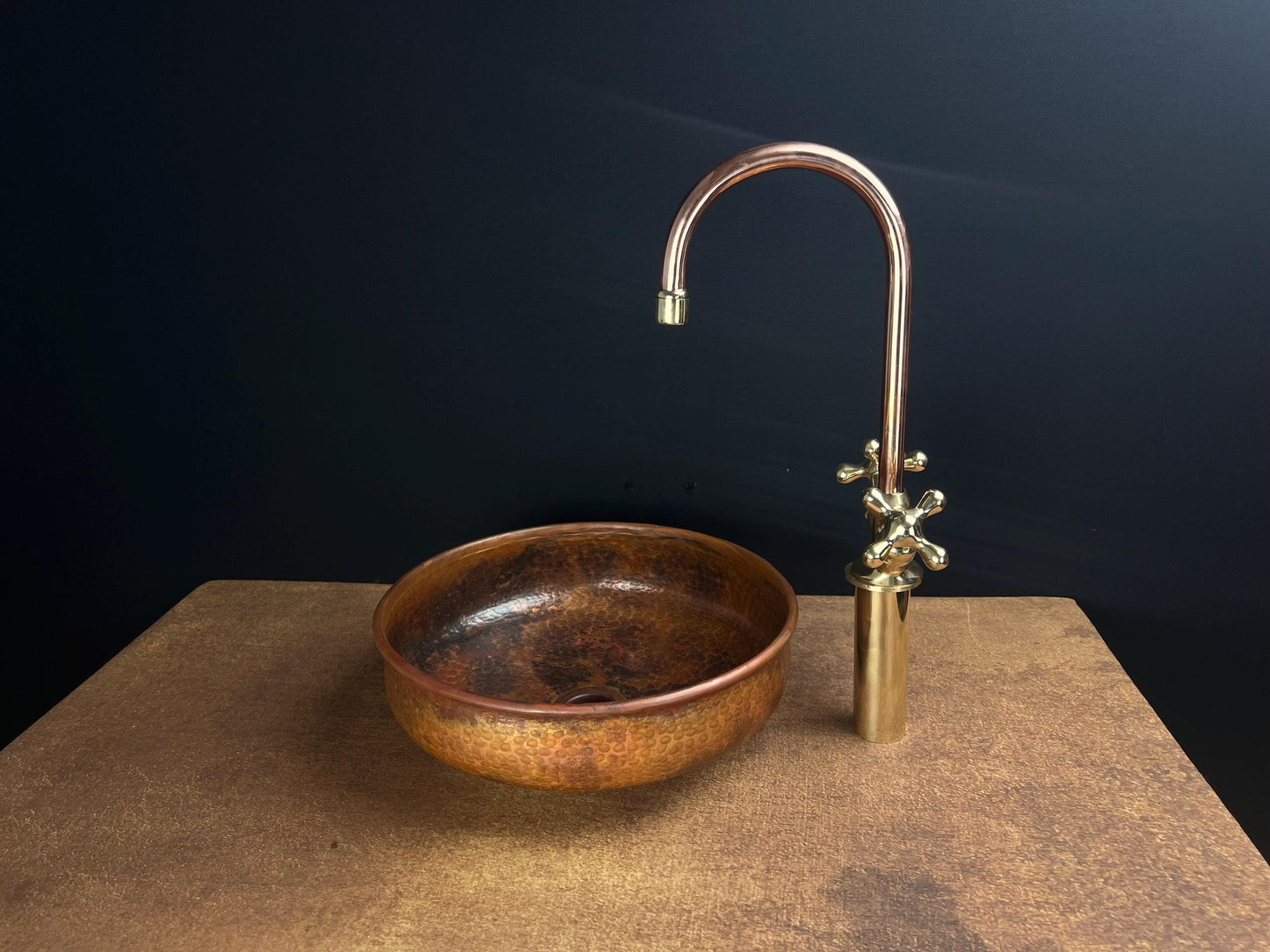 Handcrafted Copper Vessel Sink: Rustic Fire Patina Hammered Basin
