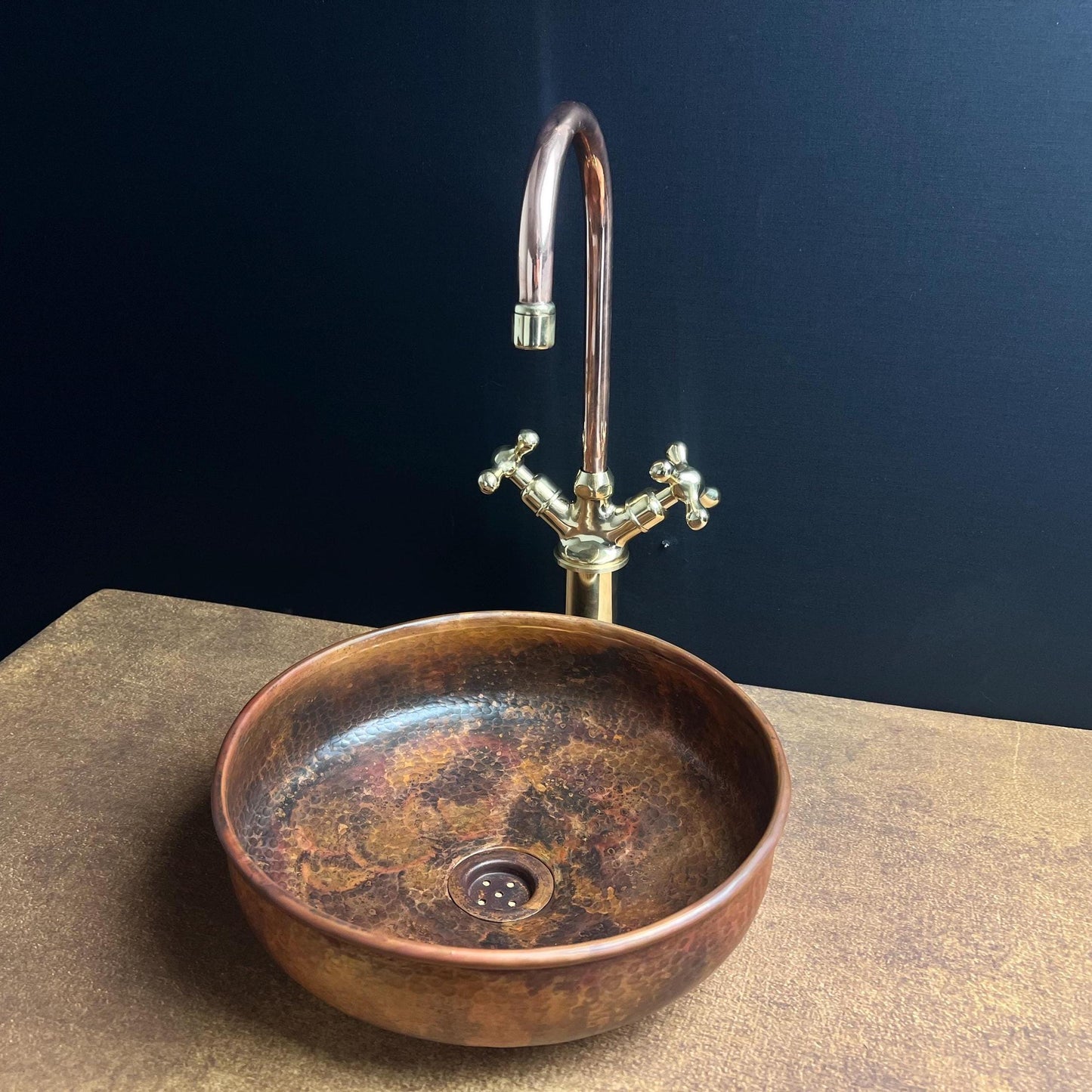 Handcrafted Copper Vessel Sink: Rustic Fire Patina Hammered Basin