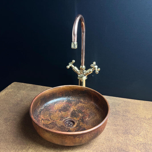 Handcrafted Copper Vessel Sink: Rustic Fire Patina Hammered Basin
