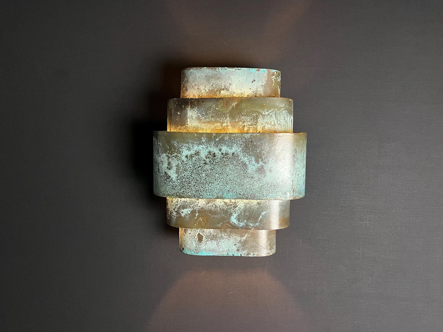 Geometric Patina Brass Wall Sconce: Handmade Turquoise Art Deco Light