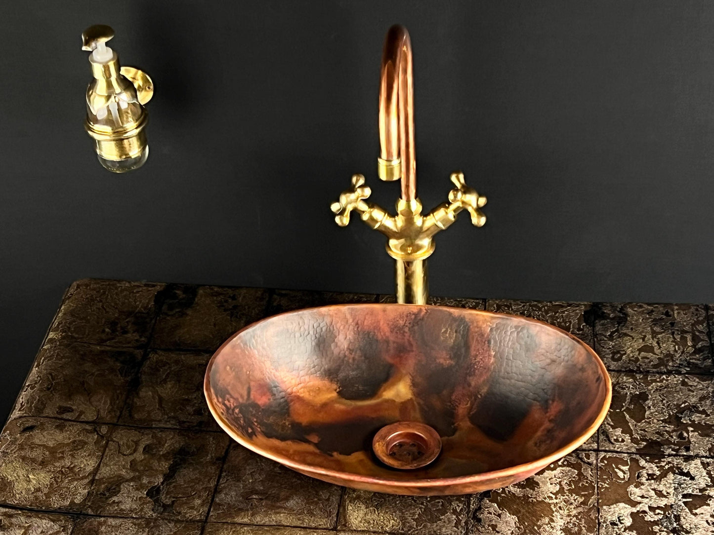 Handcrafted Copper Vessel Sink with Brass Faucet: Fire Patina Rustic Bathroom Set