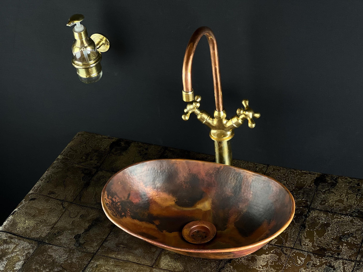 Handcrafted Copper Vessel Sink with Brass Faucet: Fire Patina Rustic Bathroom Set