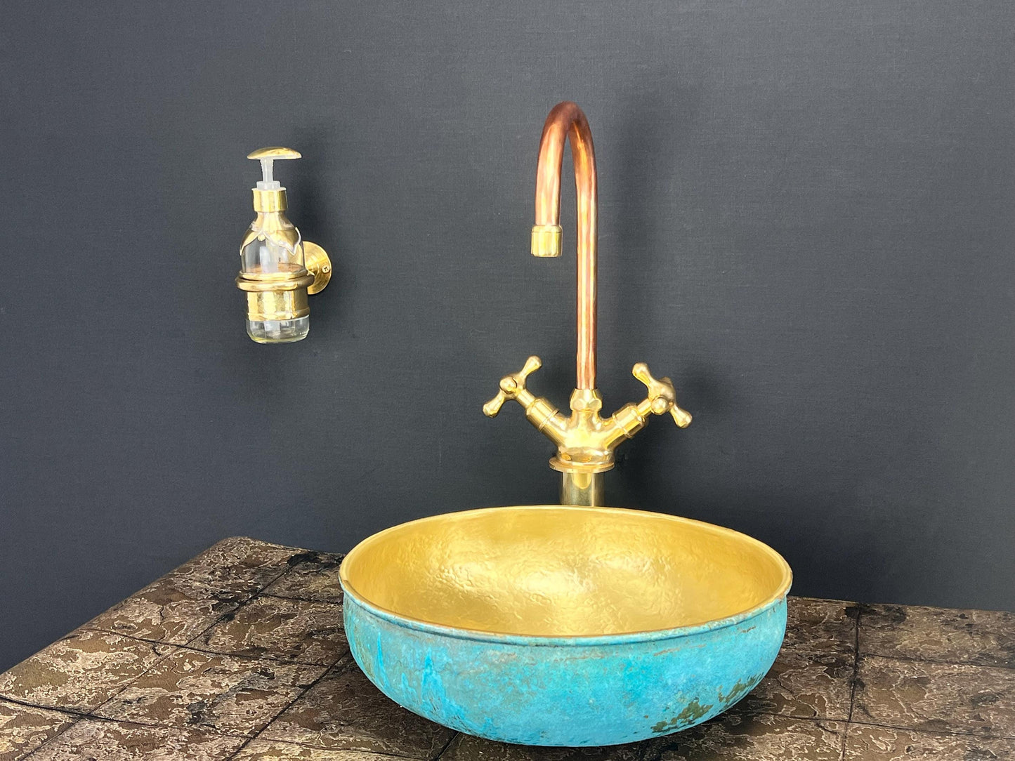 Handcrafted Brass Faucet & Turquoise Patina Vessel Sink: Moroccan Bathroom Set