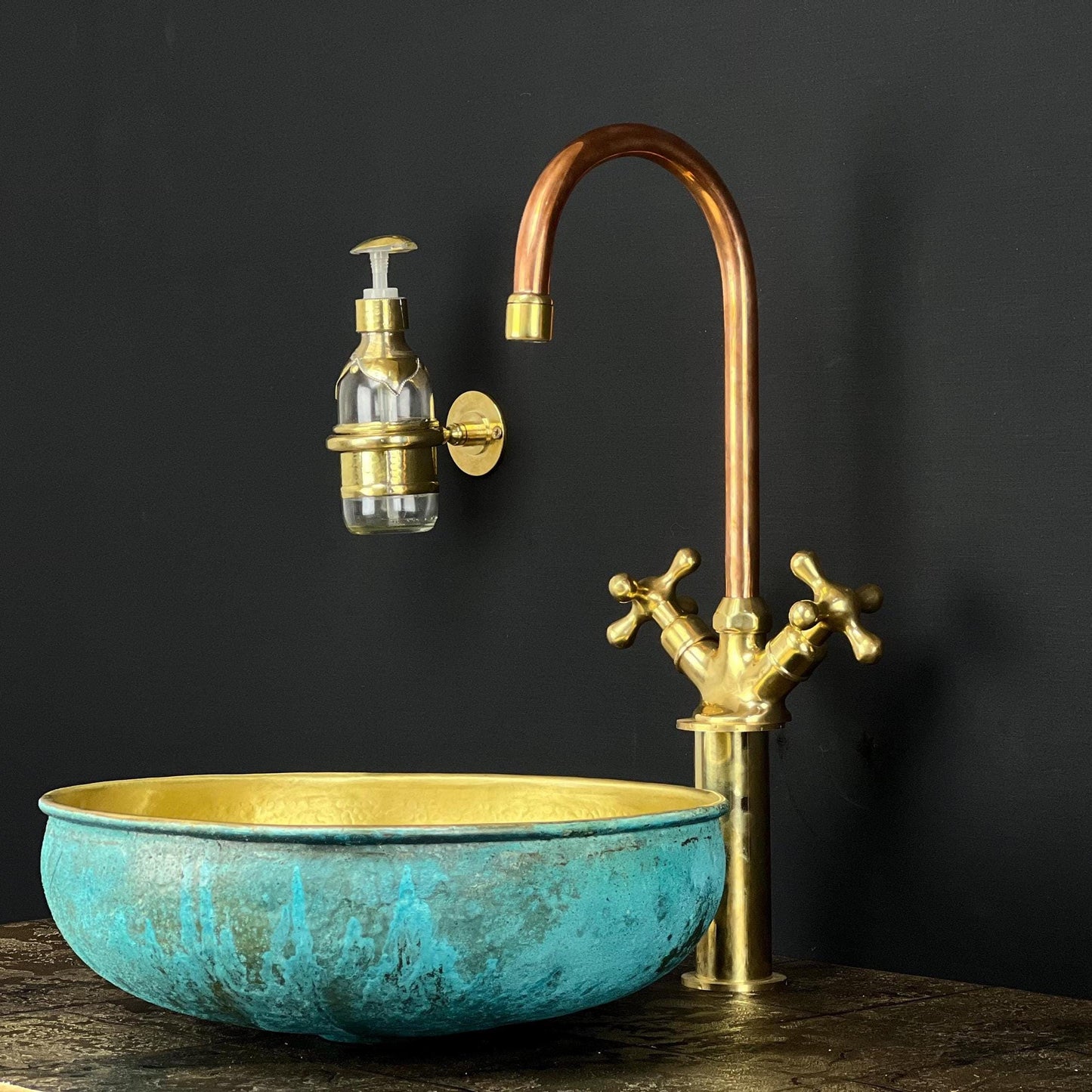 Handcrafted Brass Faucet & Turquoise Patina Vessel Sink: Moroccan Bathroom Set