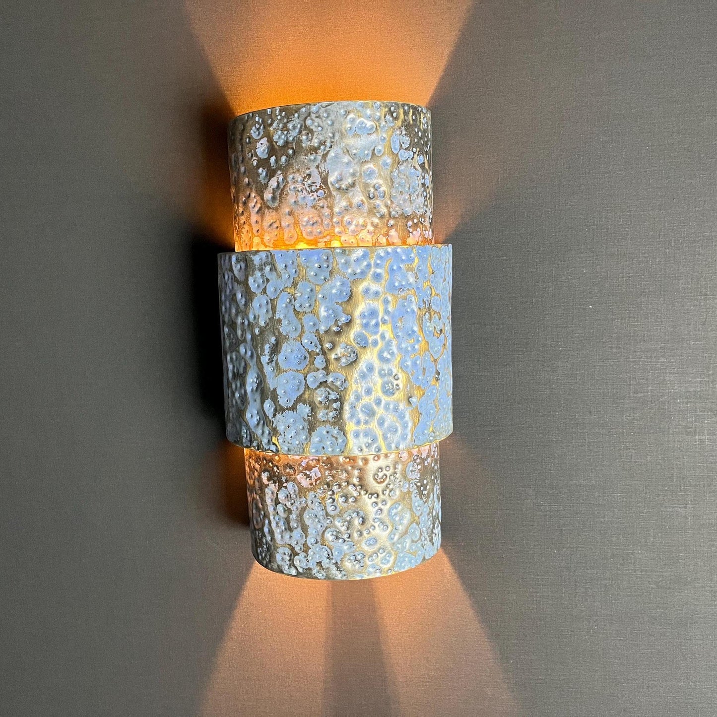 Blue Patina Brass Wall Sconce: Moroccan Hammered Cylinder Light