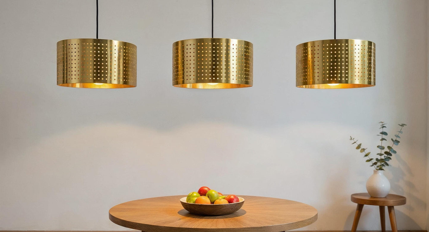 Handmade Moroccan Brass Pendant Light: Perforated Drum Ceiling Fixture